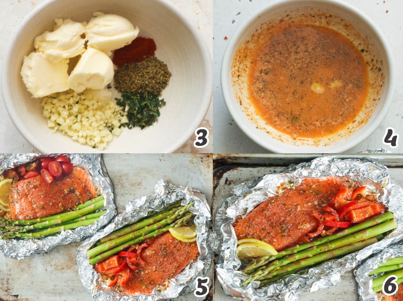 Brushing the salmon fillets and veggies with garlic salmon butter